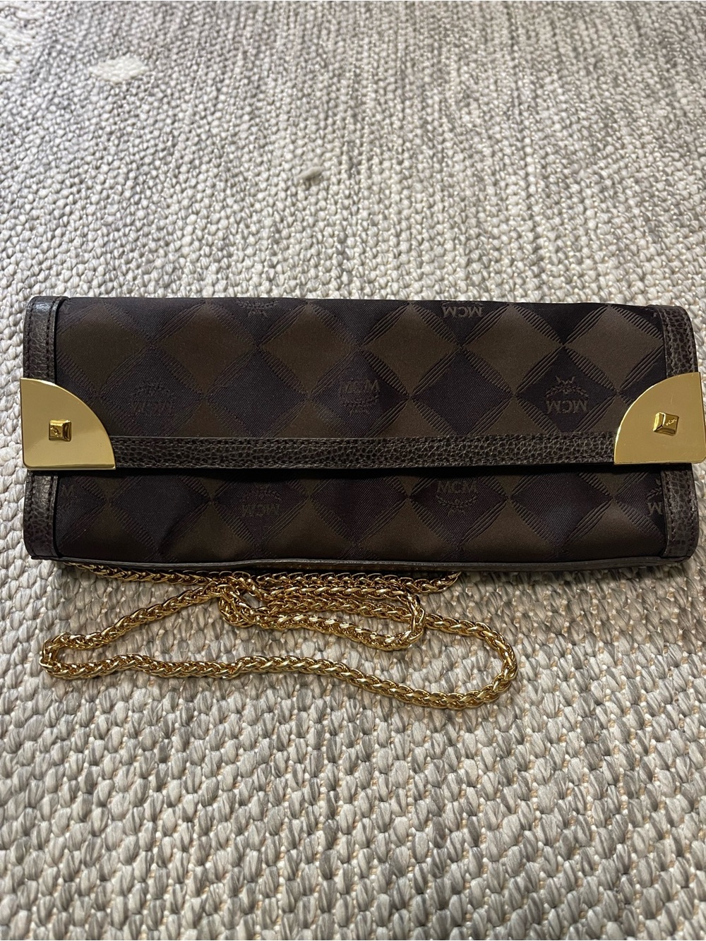 MCM Brown Logo Foldover Clutch/Wallet on Chian with Gold Hardware